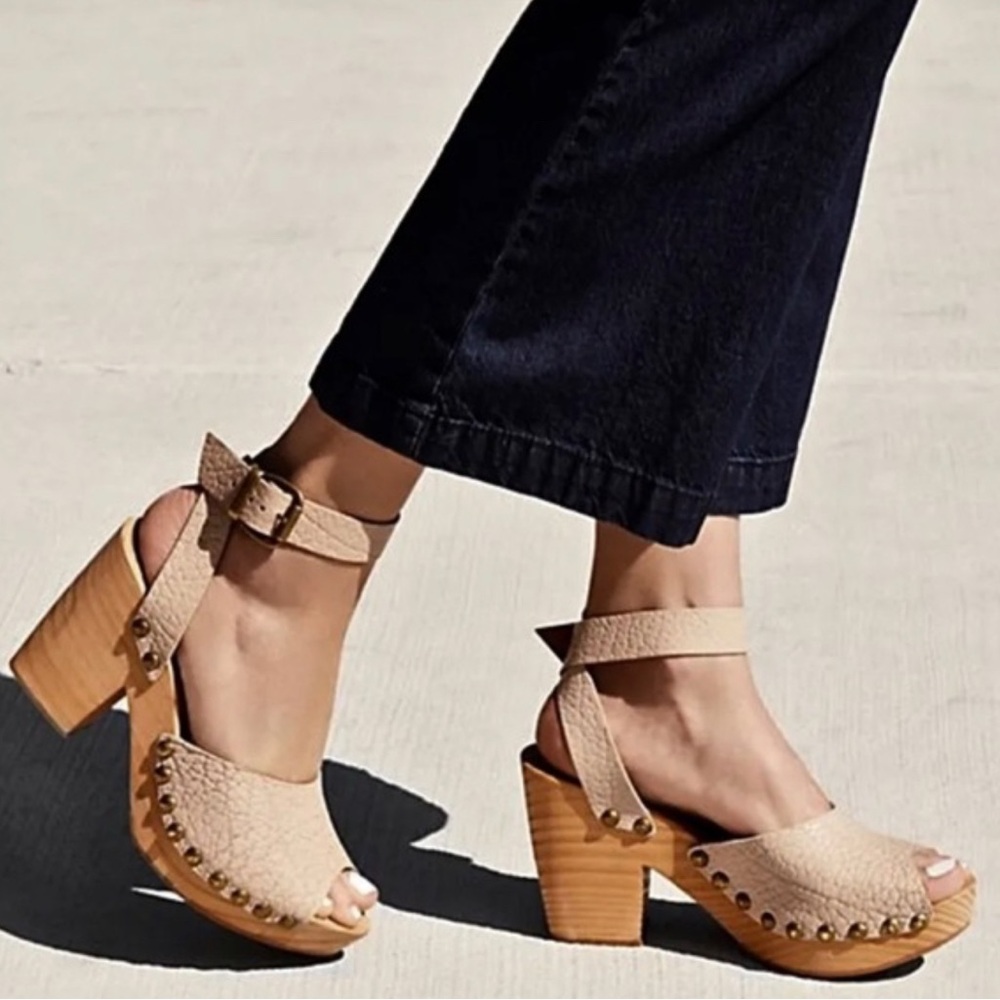 Free People Tan Mules with Wooden Heel